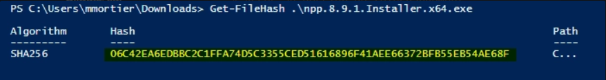 Résultat Get-FileHash dans PowerShell