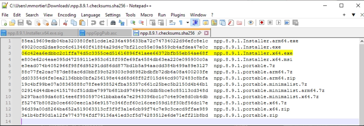 Contenu du fichier checksums dans Notepad++