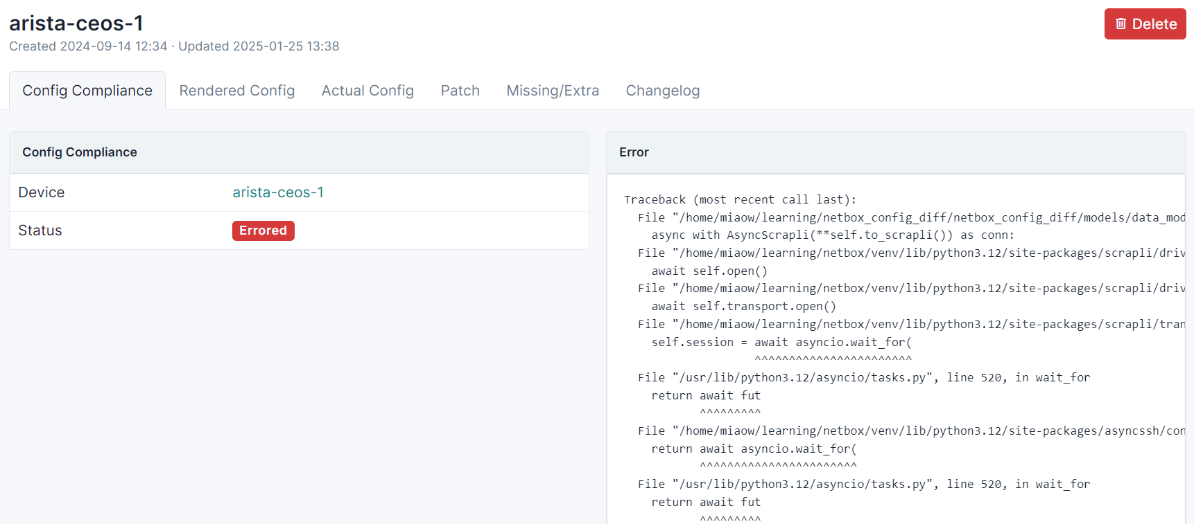 Screenshot of the compliance error