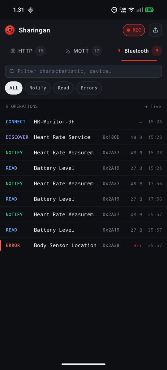 Bluetooth tab — GATT connect, discover, read, notify and error operations