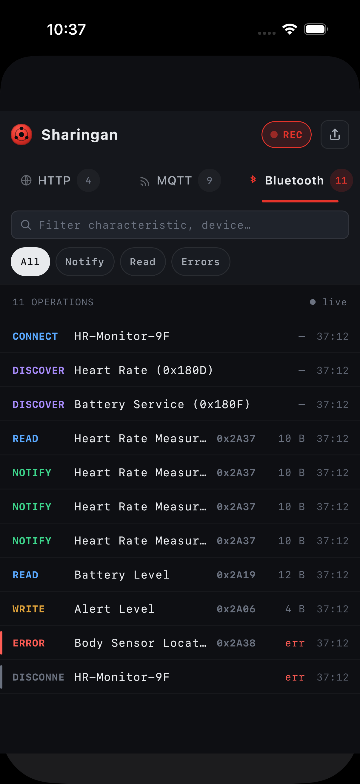 iOS Bluetooth tab — GATT connect, discover, read, notify and error operations