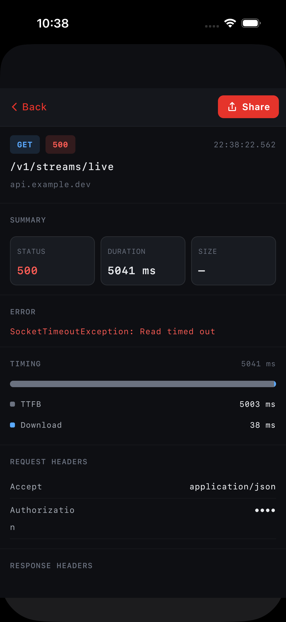 iOS detail screen of a 500 error — summary cards, timing waterfall, headers, syntax-colored JSON body