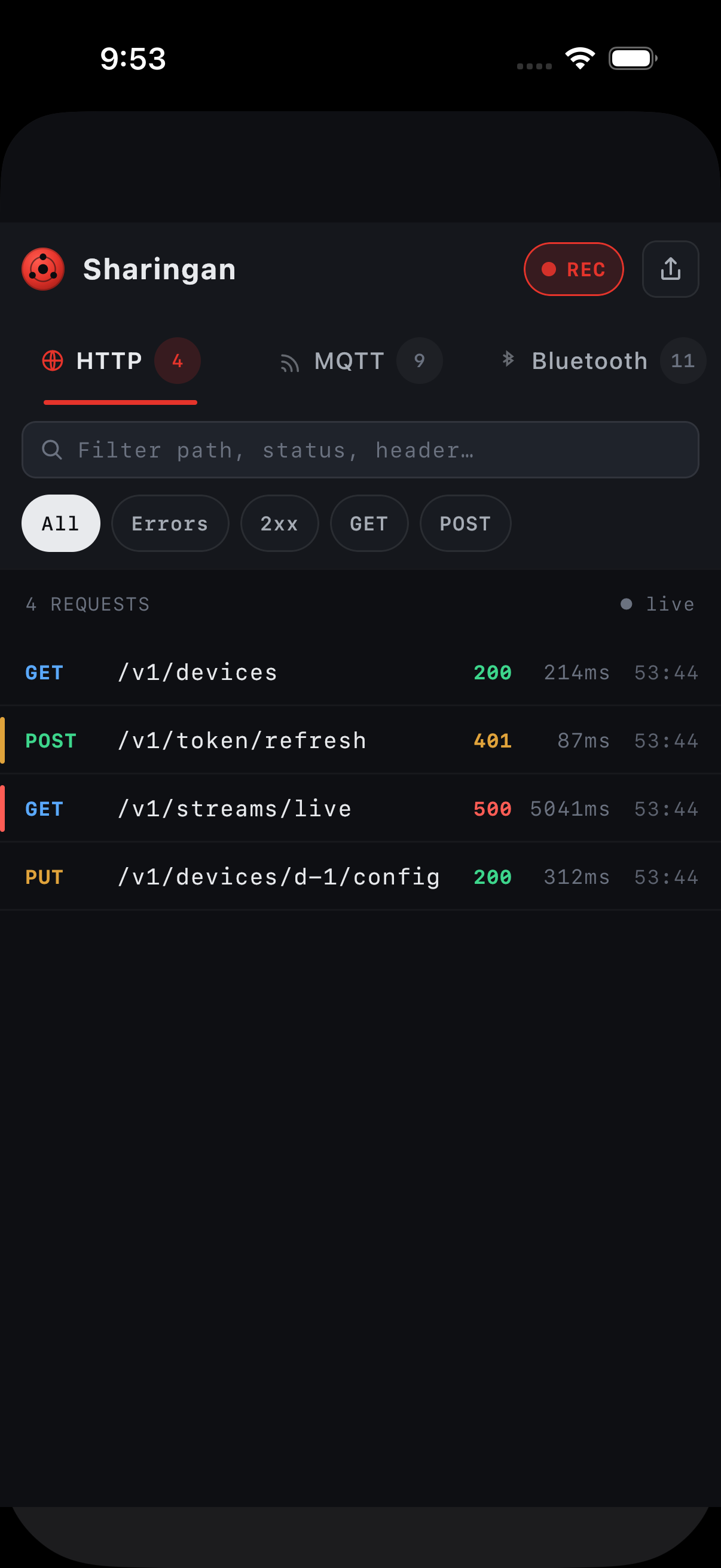 Sharingan on iOS — HTTP tab, dark mode, with 401 and 500 failure rails