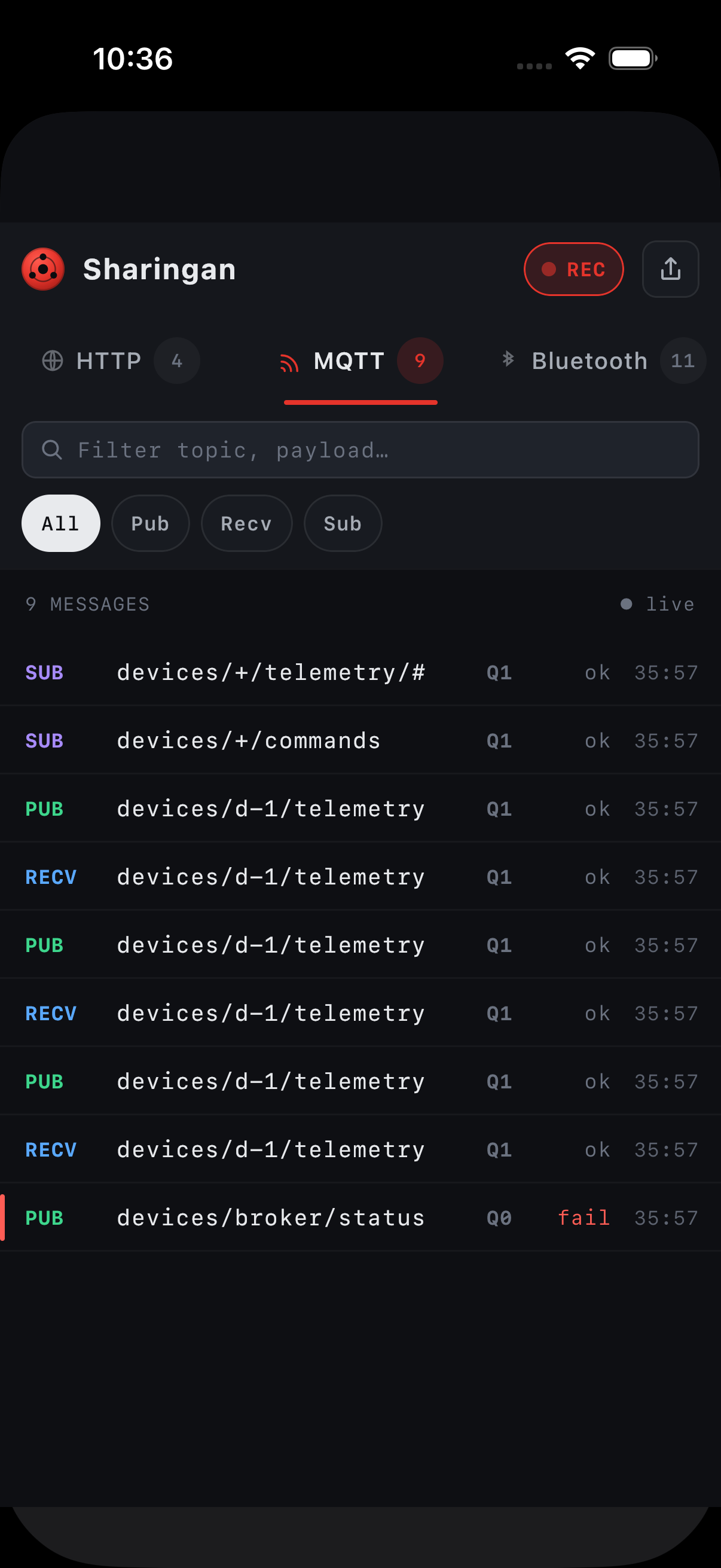 iOS MQTT tab — publish, receive and subscribe rows with QoS badges and a failed broker status