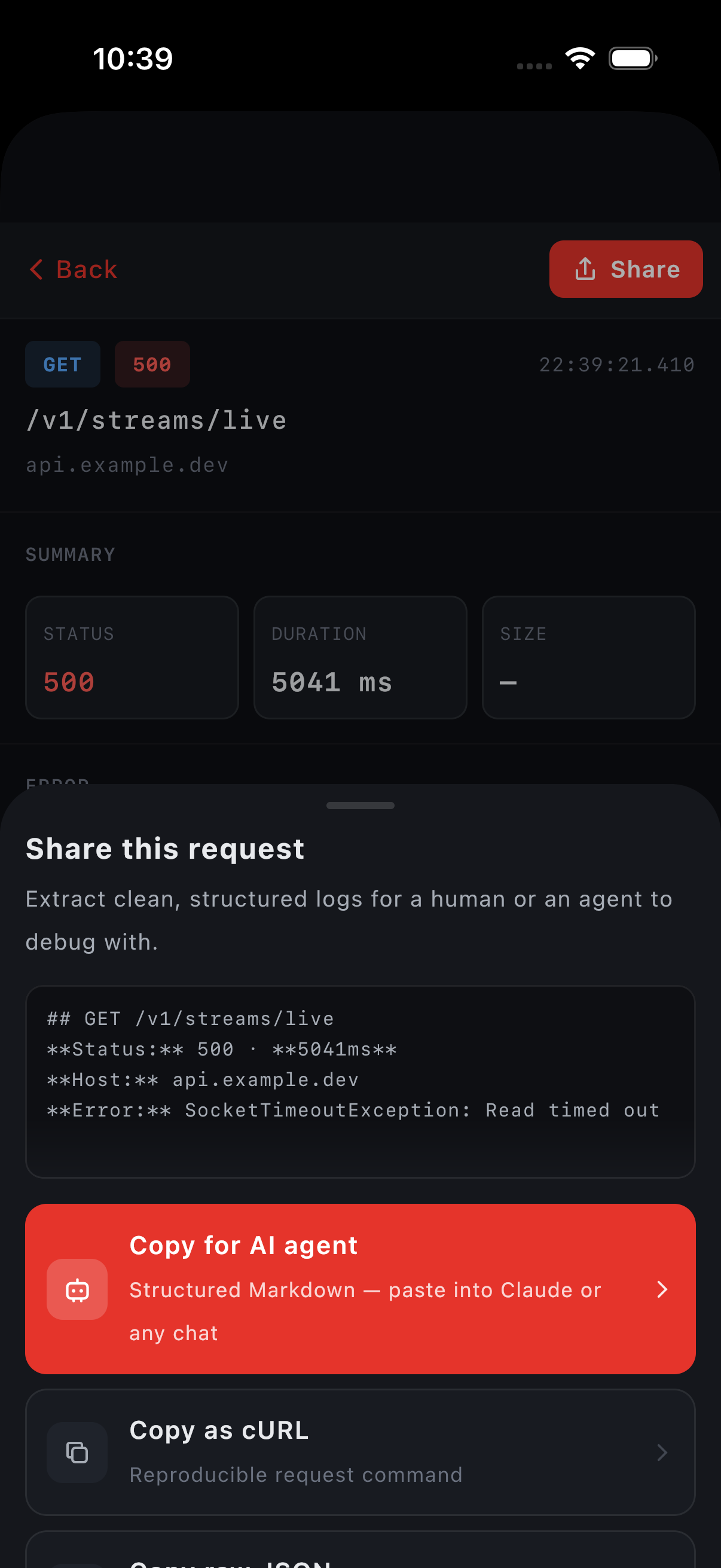 iOS share sheet with Copy for AI agent as the primary action