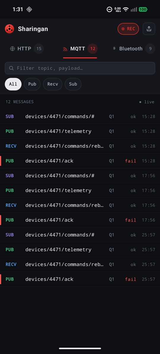 MQTT tab — publish, receive and subscribe rows with QoS badges and failure rails
