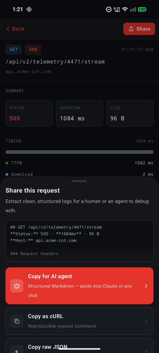 Share sheet with Copy for AI agent as the primary action