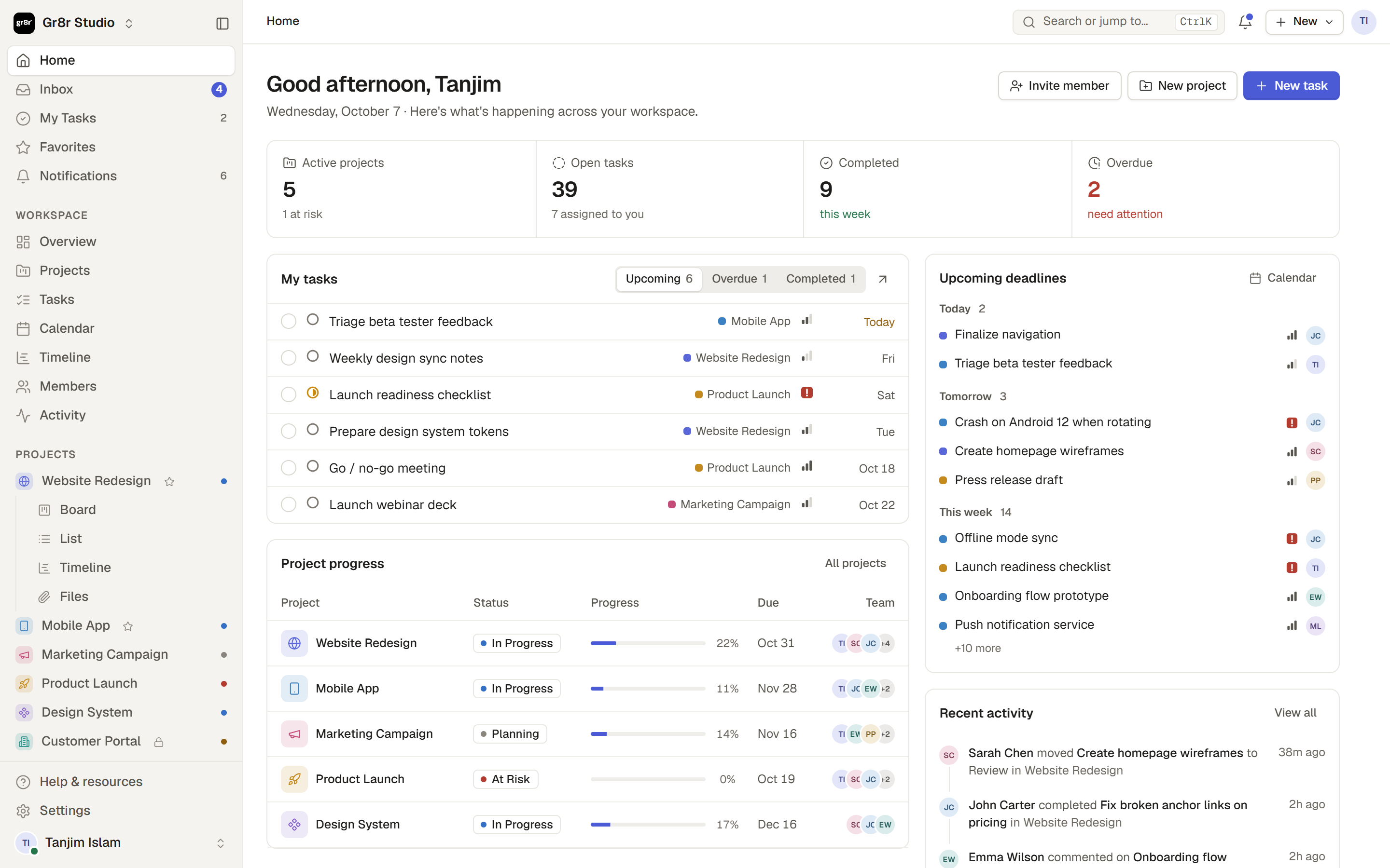 Gr8r Studio home dashboard