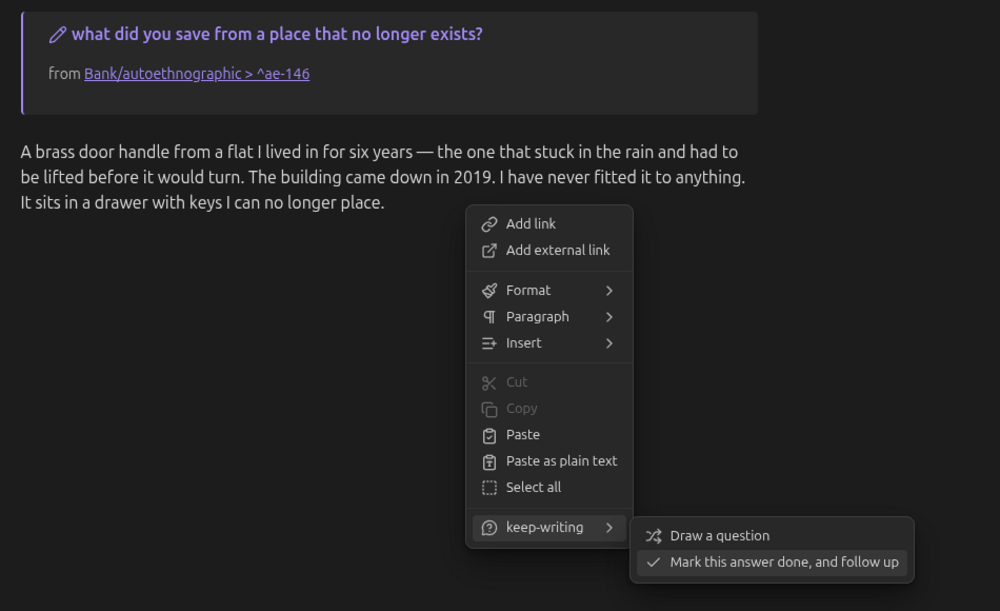 Obsidian's right-click menu with a keep-writing submenu open, holding Draw a question and Mark this answer done.