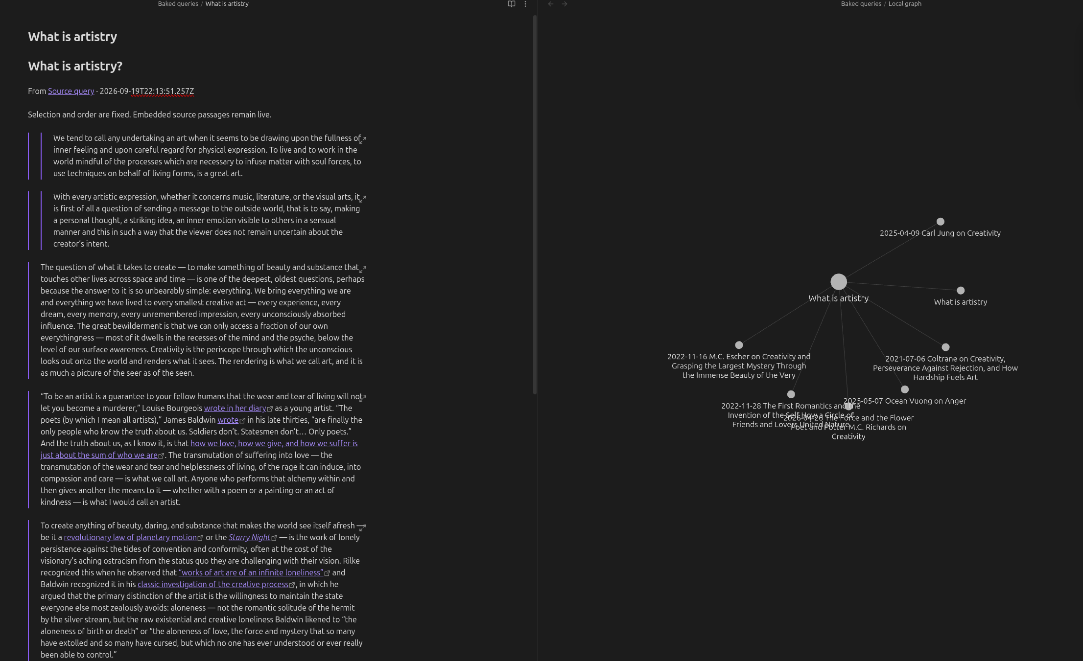 Saved passages and their source connections in Obsidian’s local graph.