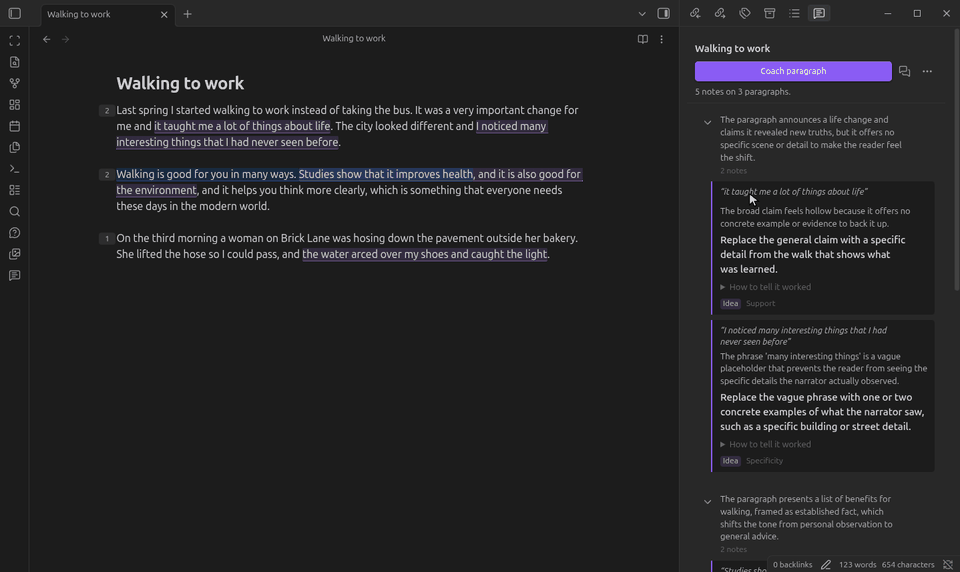 Hovering a marked phrase, going to it from the panel, and rewriting it: the note turns into "Rewritten".