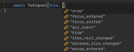 Signals code completion