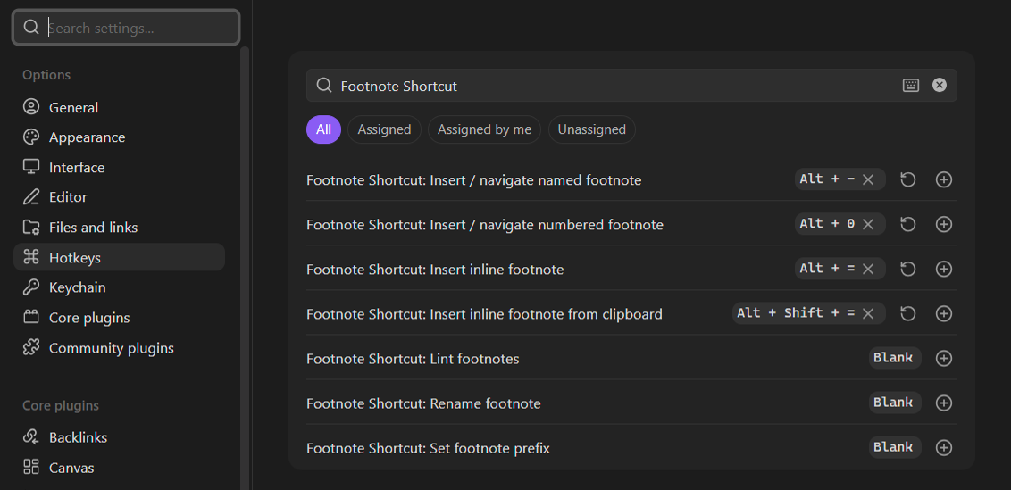 The Hotkeys settings tab filtered to "Footnote Shortcut", with the four recommended bindings set