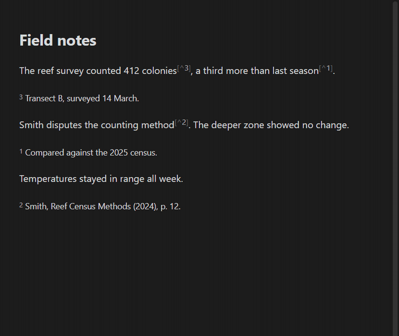 Lint footnotes: references move past punctuation, numbering follows the text, definitions gather at the bottom