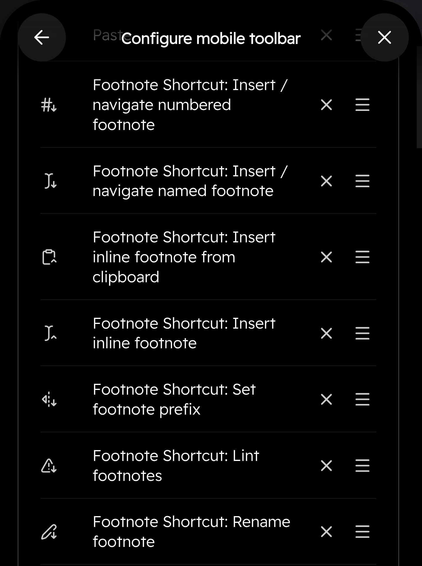 Obsidian mobile: the footnote commands sit on the editor toolbar