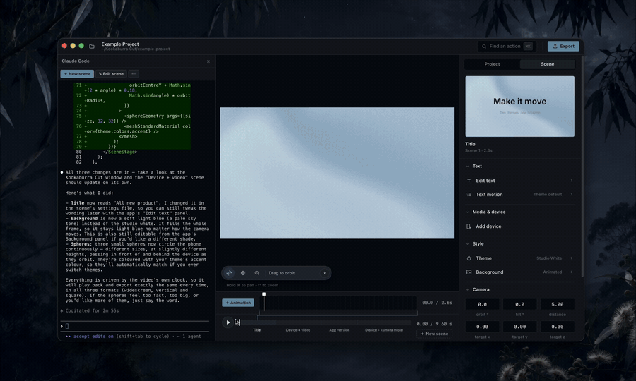 The Kookaburra Cut studio: editing a device scene while the embedded Claude Code terminal rewrites it