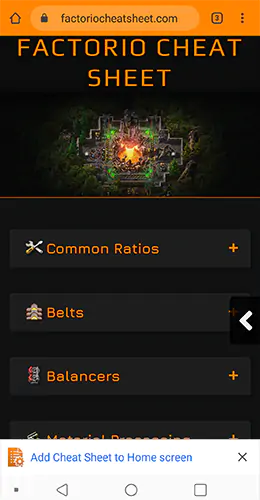 Factorio Cheat Sheet Mobile Website