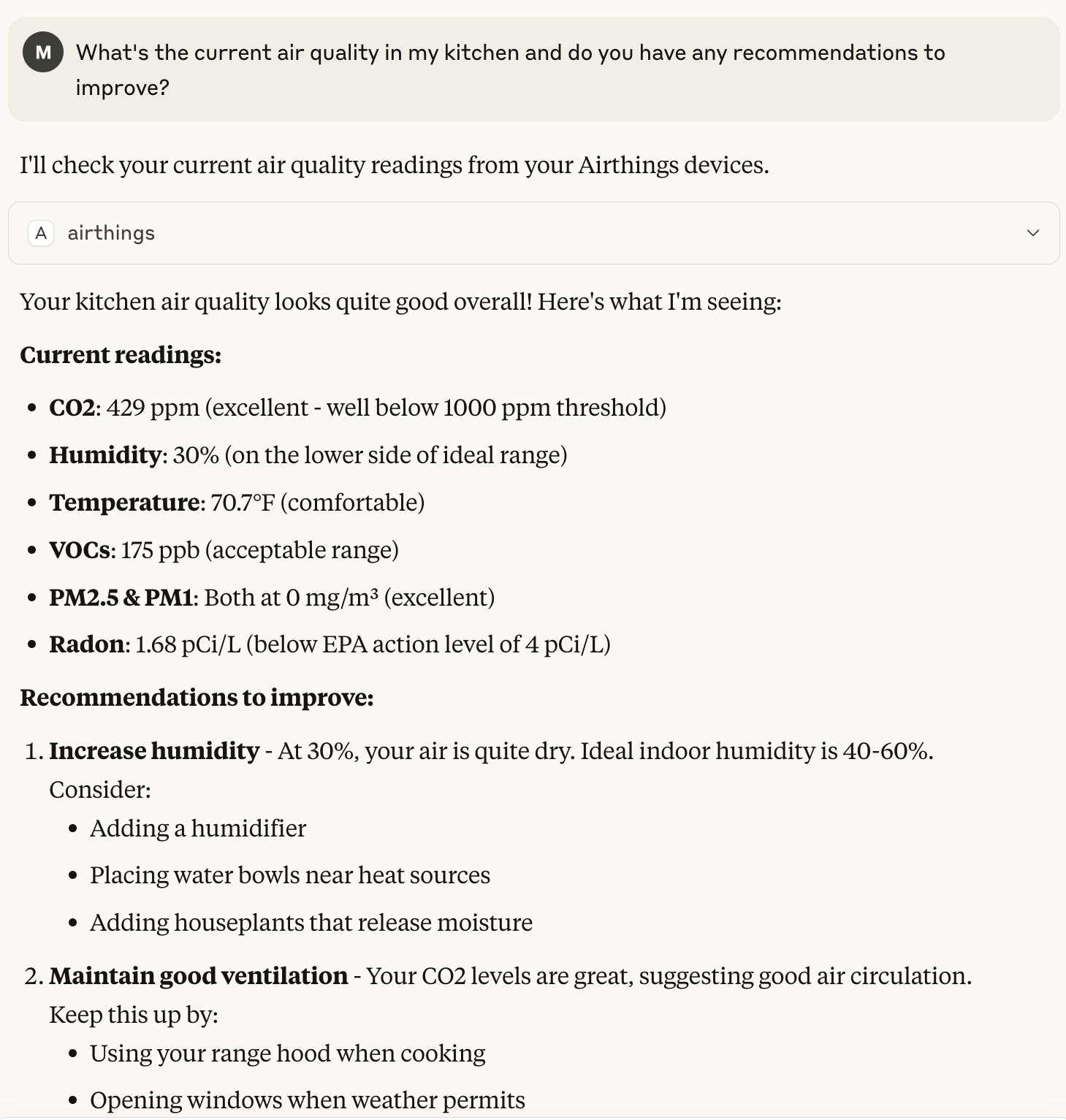 Screenshot of Claude Desktop showing a sample interaction with Airthings Consumer MCP Server