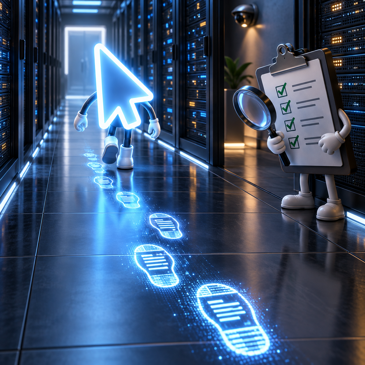 Editorial illustration: an AI cursor leaves glowing audit-log footprints in a server room.