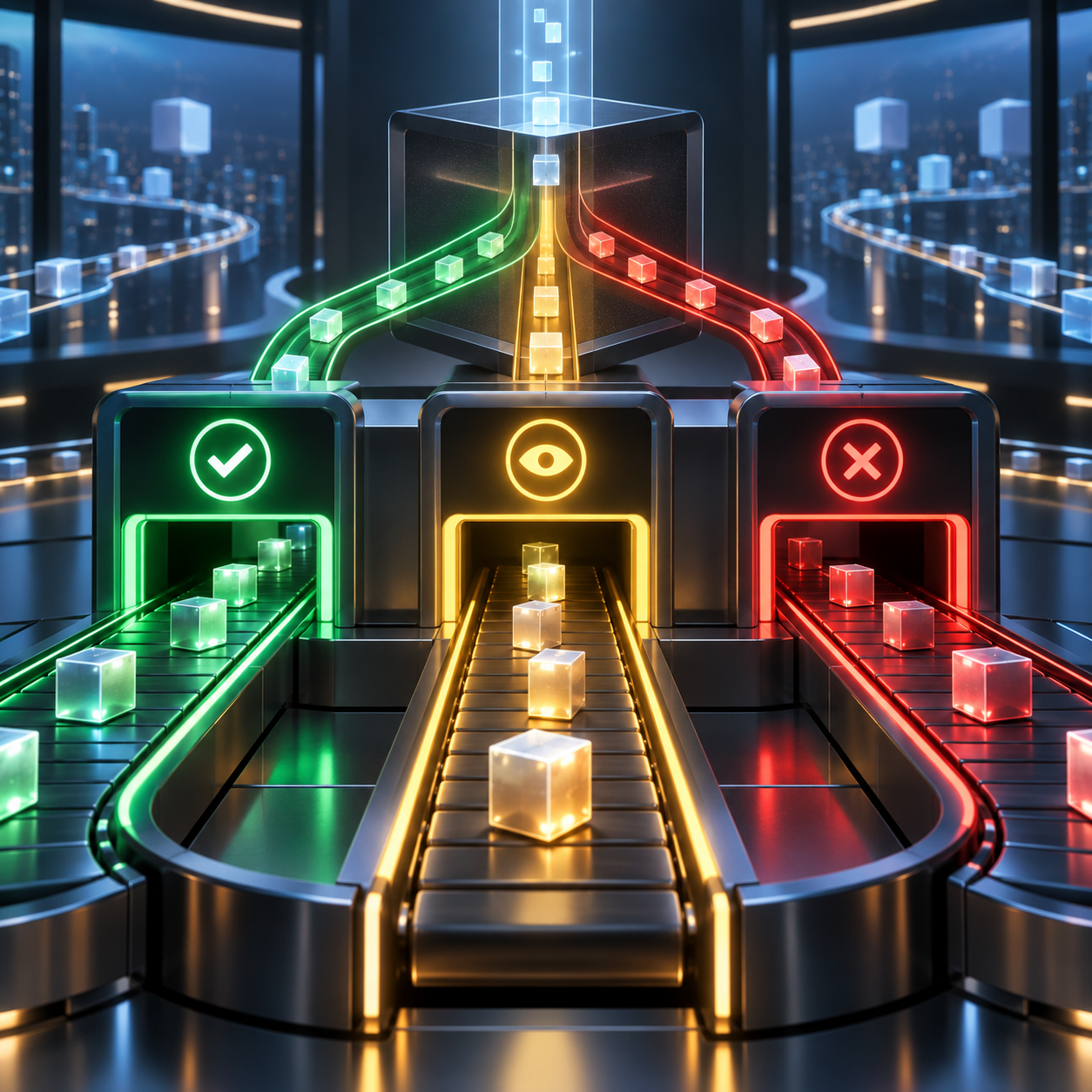 Editorial illustration: a decision router sends data packets through approve, review, and block gates.