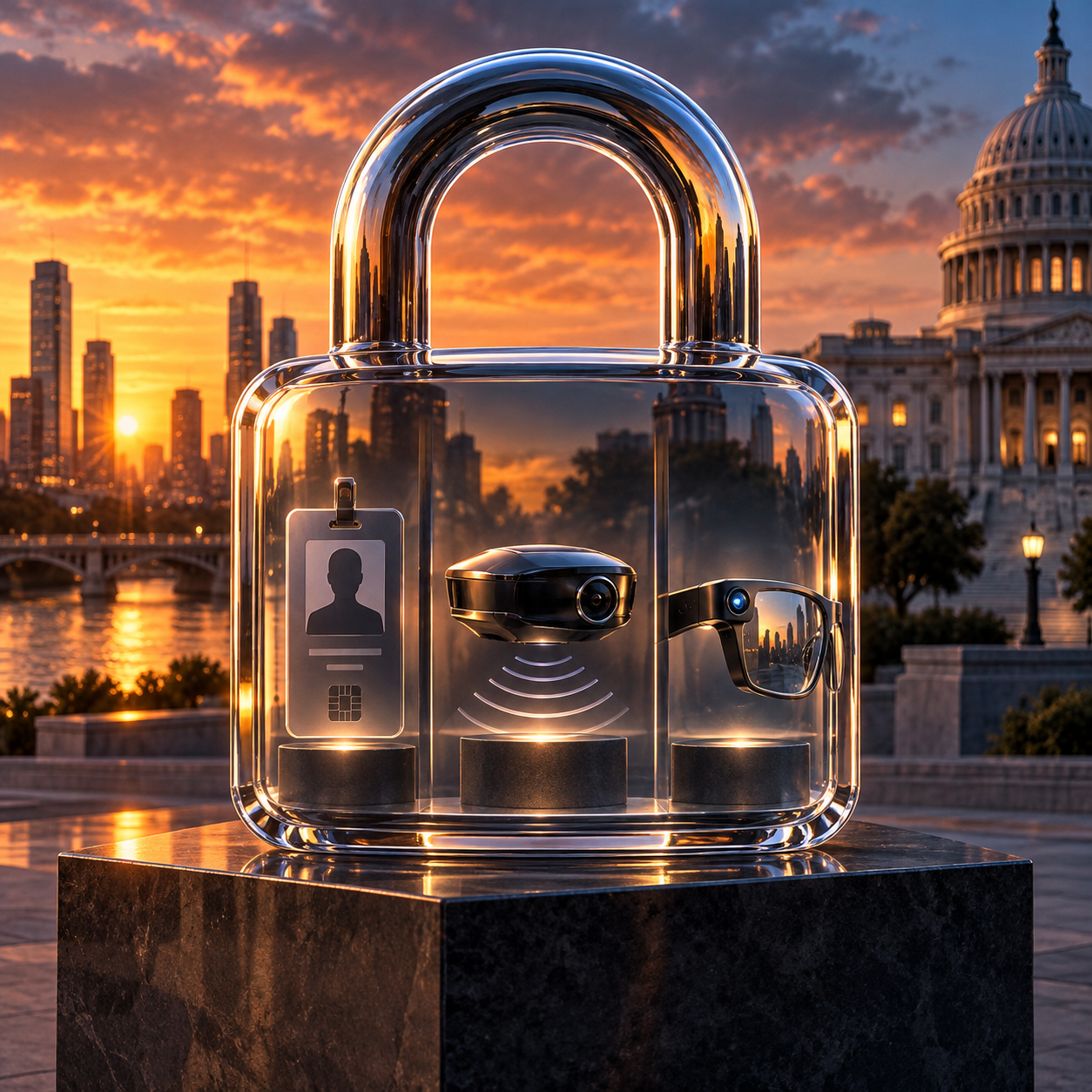 Editorial illustration: ID, car sensor, and smart glasses locked behind a glass privacy icon.
