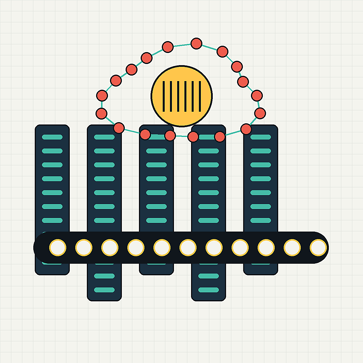 Editorial illustration: modular AI factory racks route model pipelines through local data corridors.