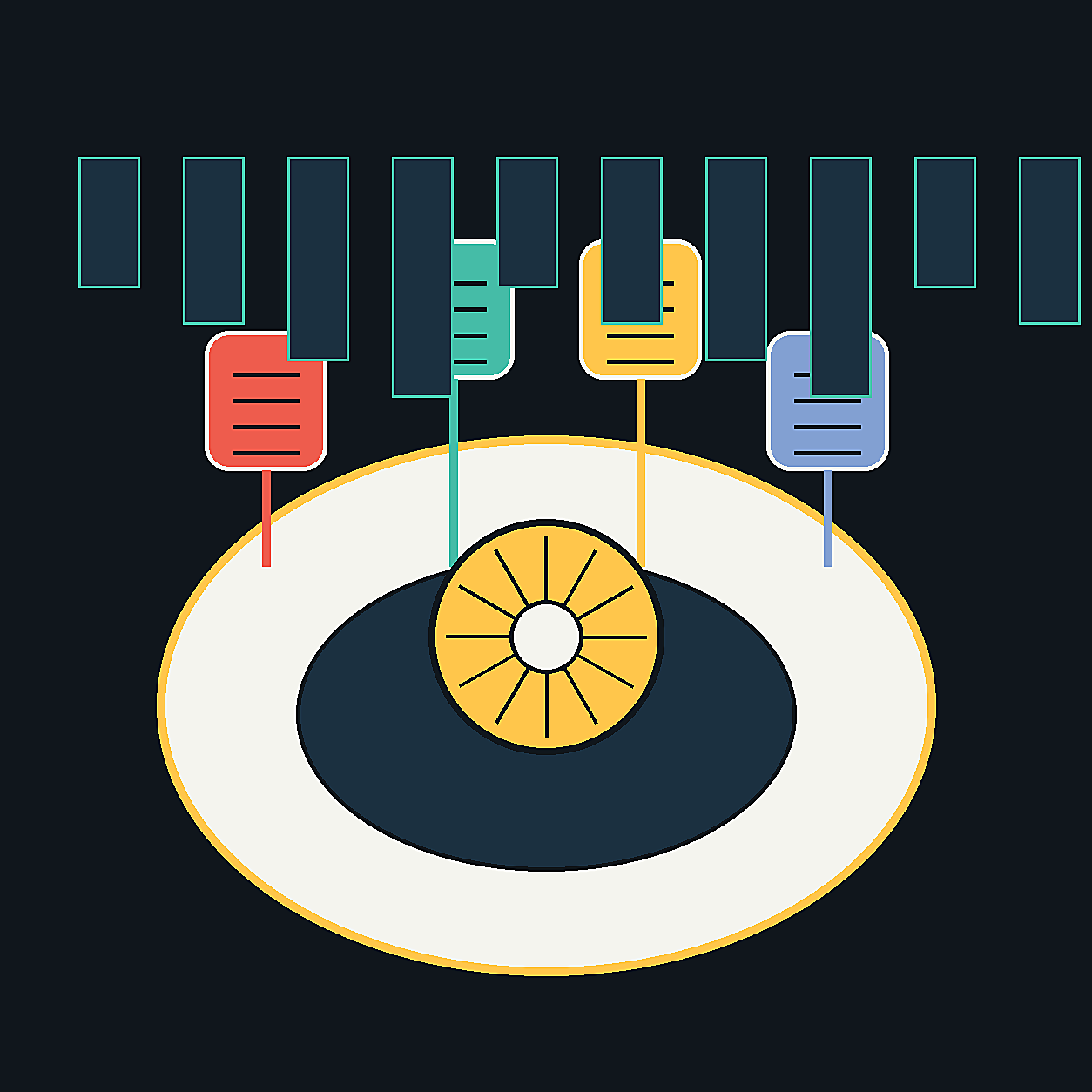 Editorial illustration: agency folders and glowing intelligence panels sit around a federal AI task-force table.