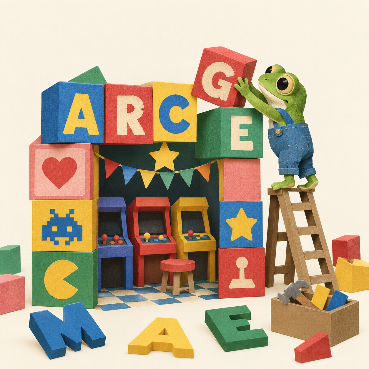 A paper-cut frog builds a miniature arcade from colorful alphabet blocks.