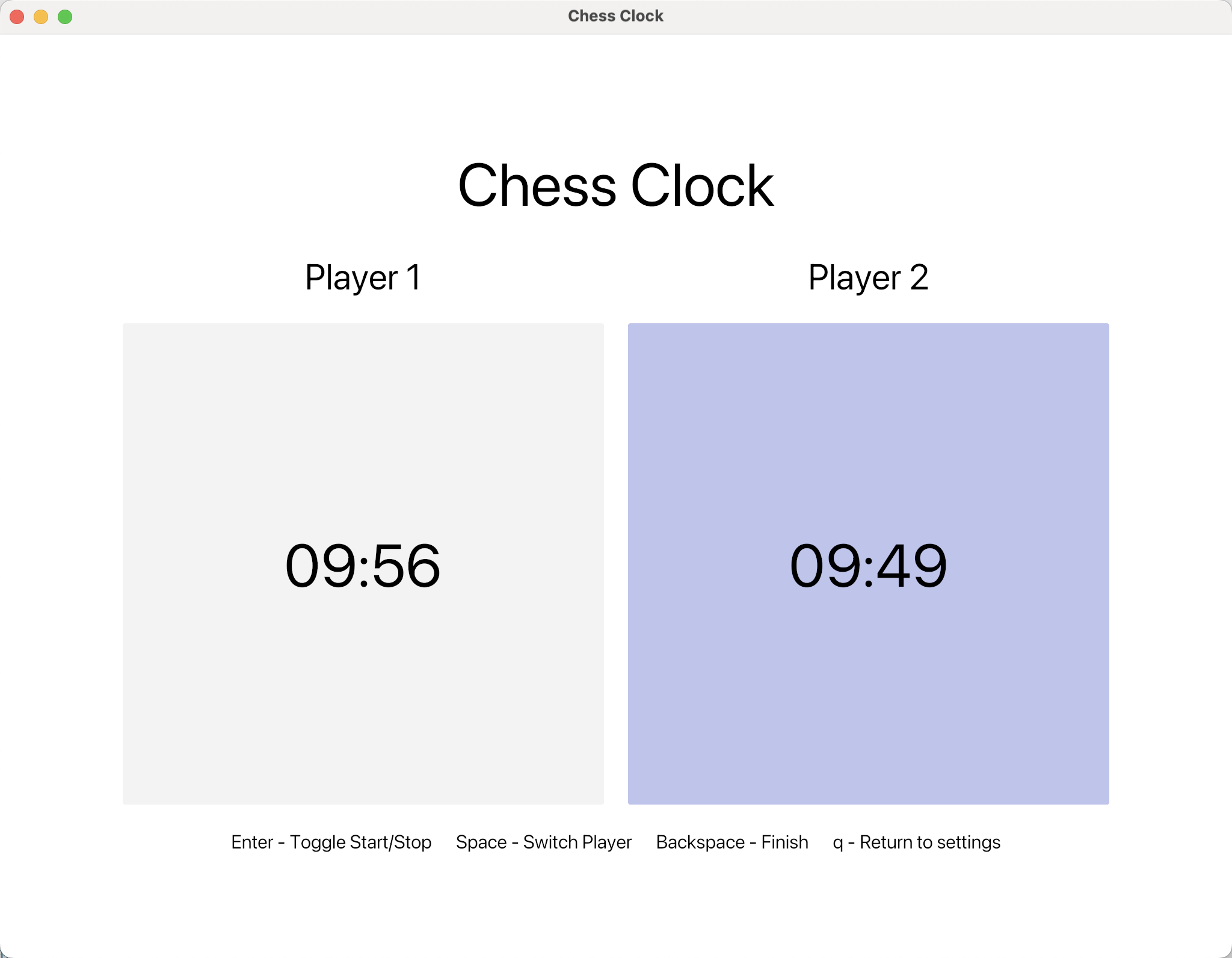 Screenshot of the chess clock GUI clock screen