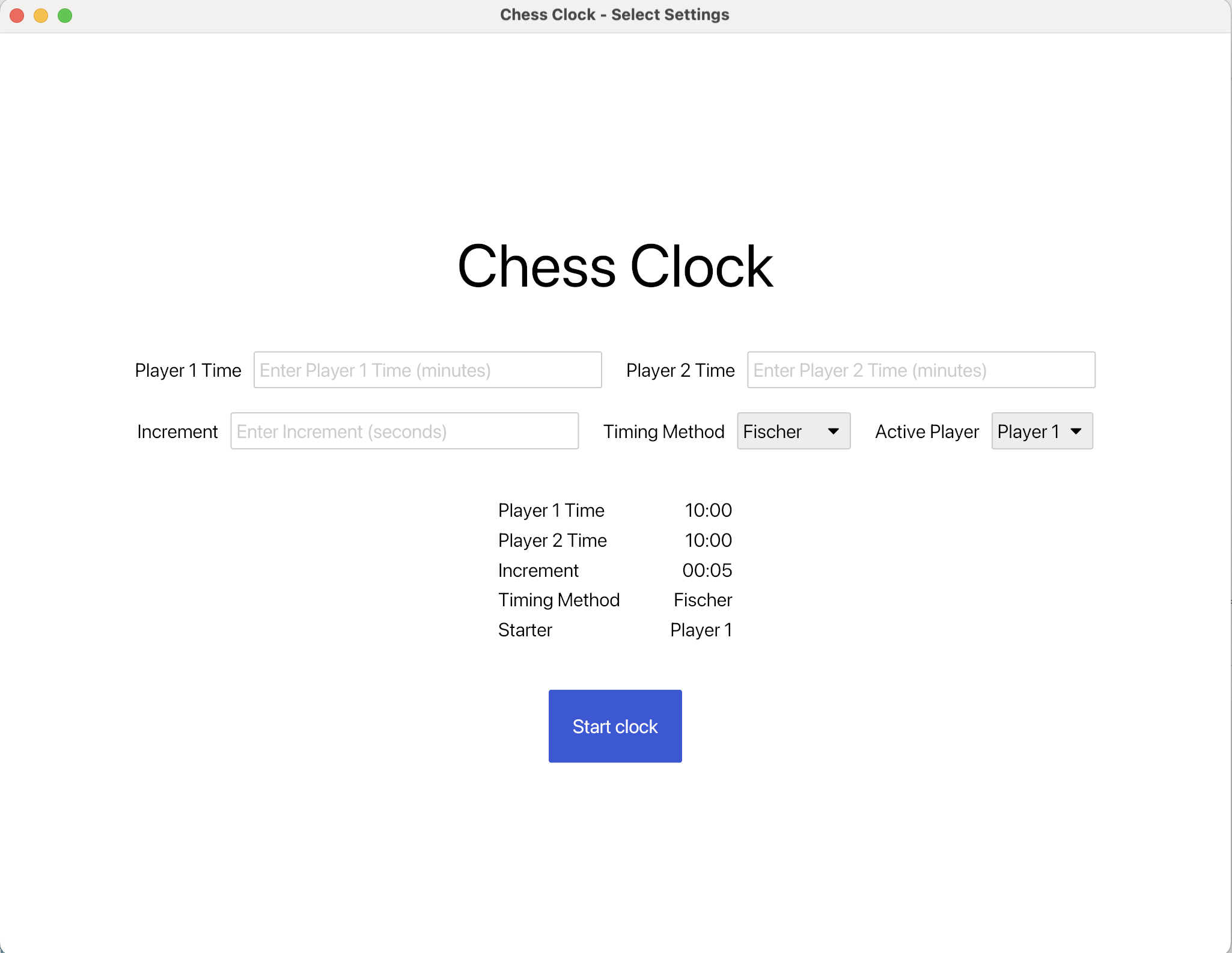 Screenshot of the chess clock GUI settings menu