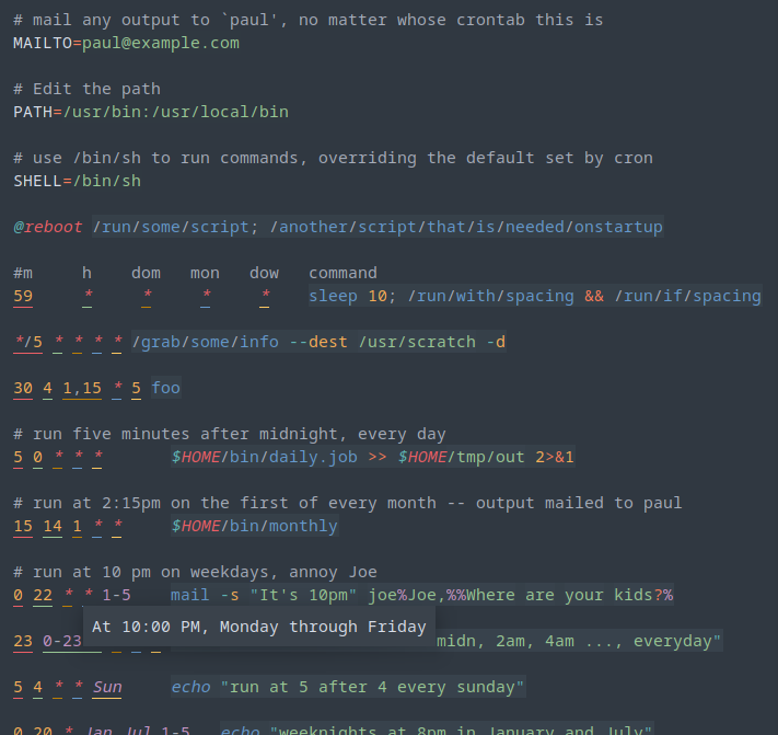 Screenshot of crontab file with syntax highlighting
