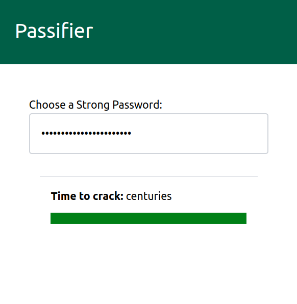Demo of Passifier showing "Time to crack: Centuries" on a registration form password field