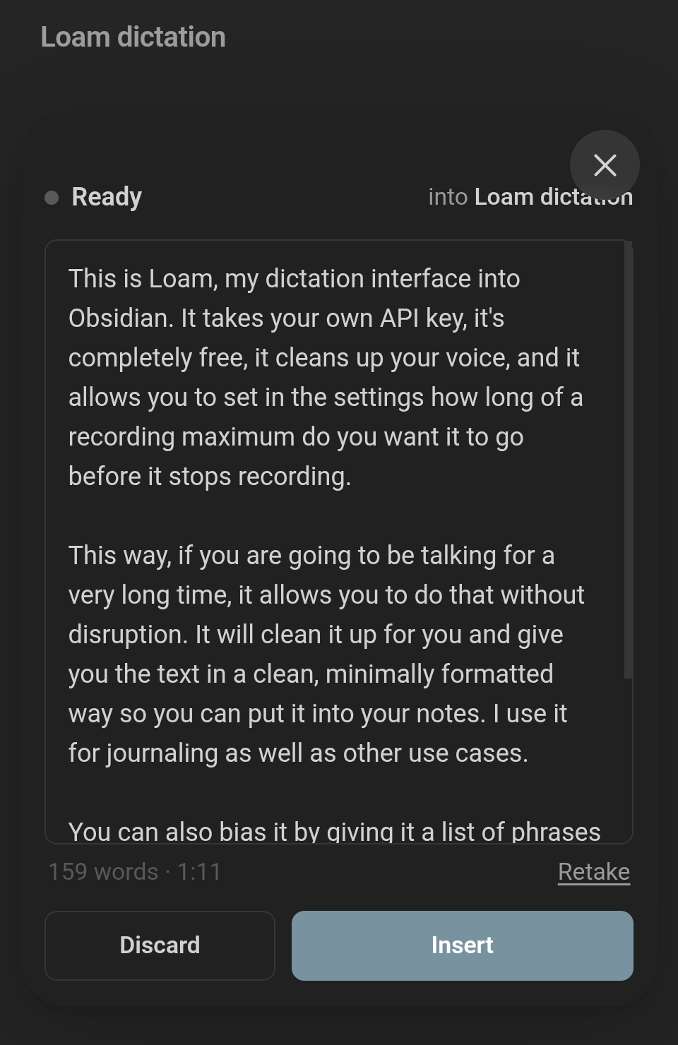 The cleaned text, with Discard, Retake and Insert