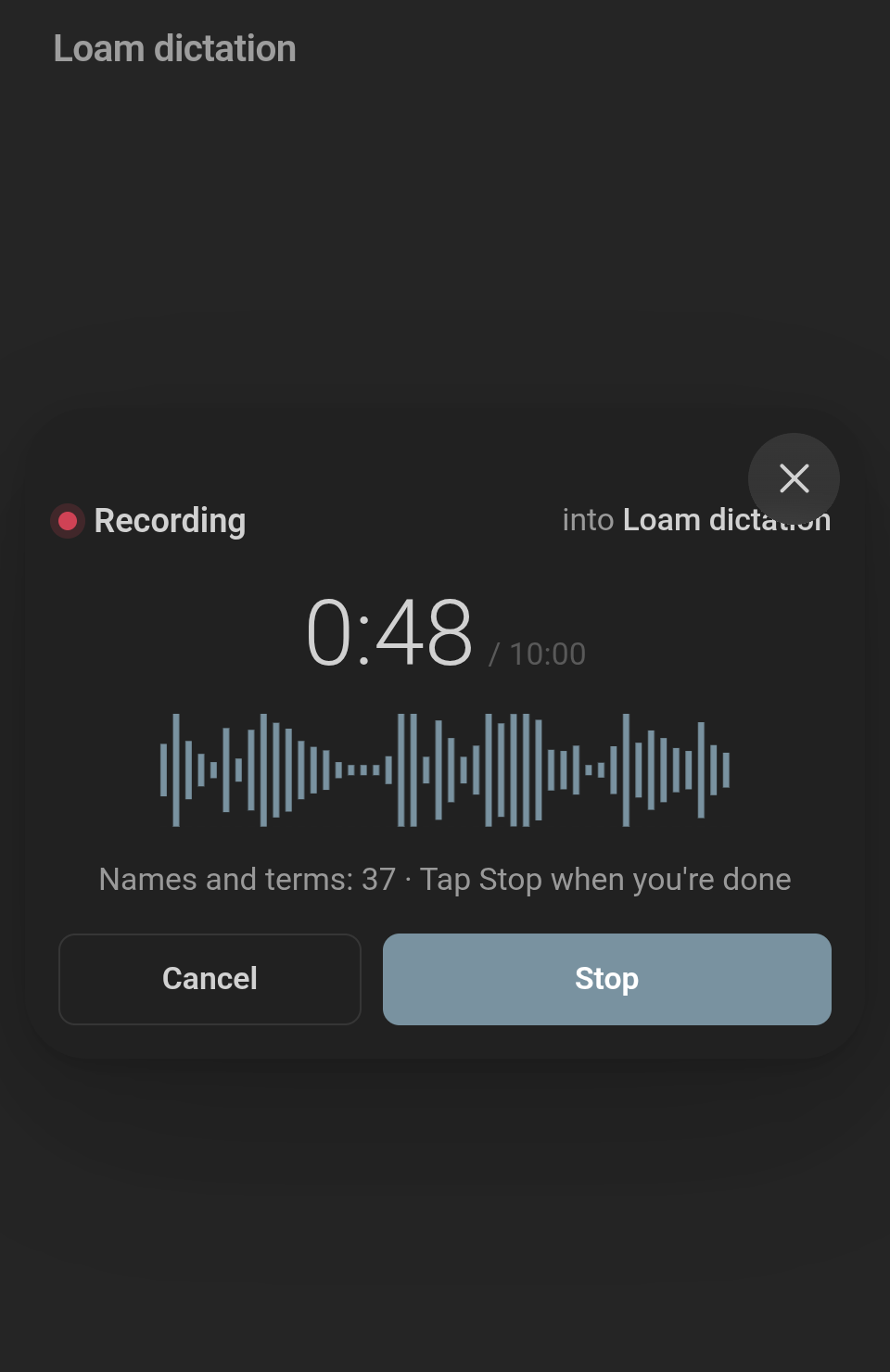 The sheet recording a take, with a timer, a wave, Cancel and Stop