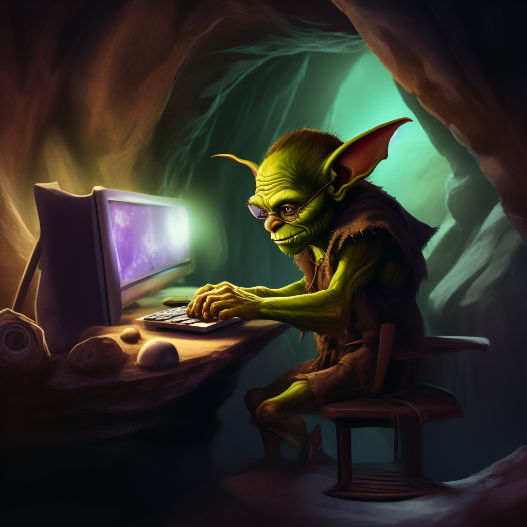 goblin coding in a dark cave