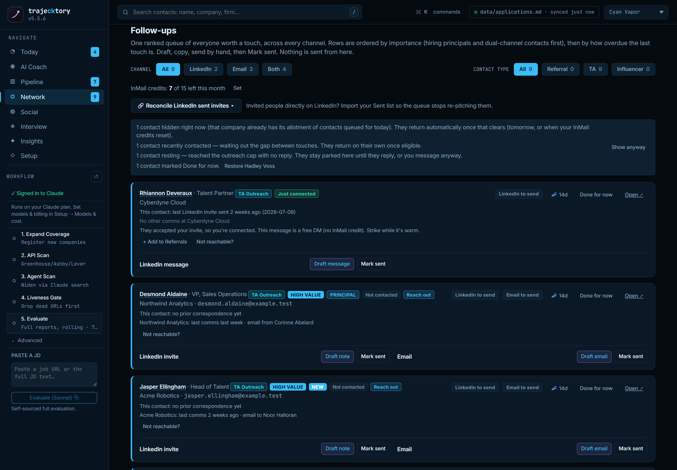 Follow-ups: one ranked queue of the people worth a touch, with channel filters and the hidden-contact rules visible