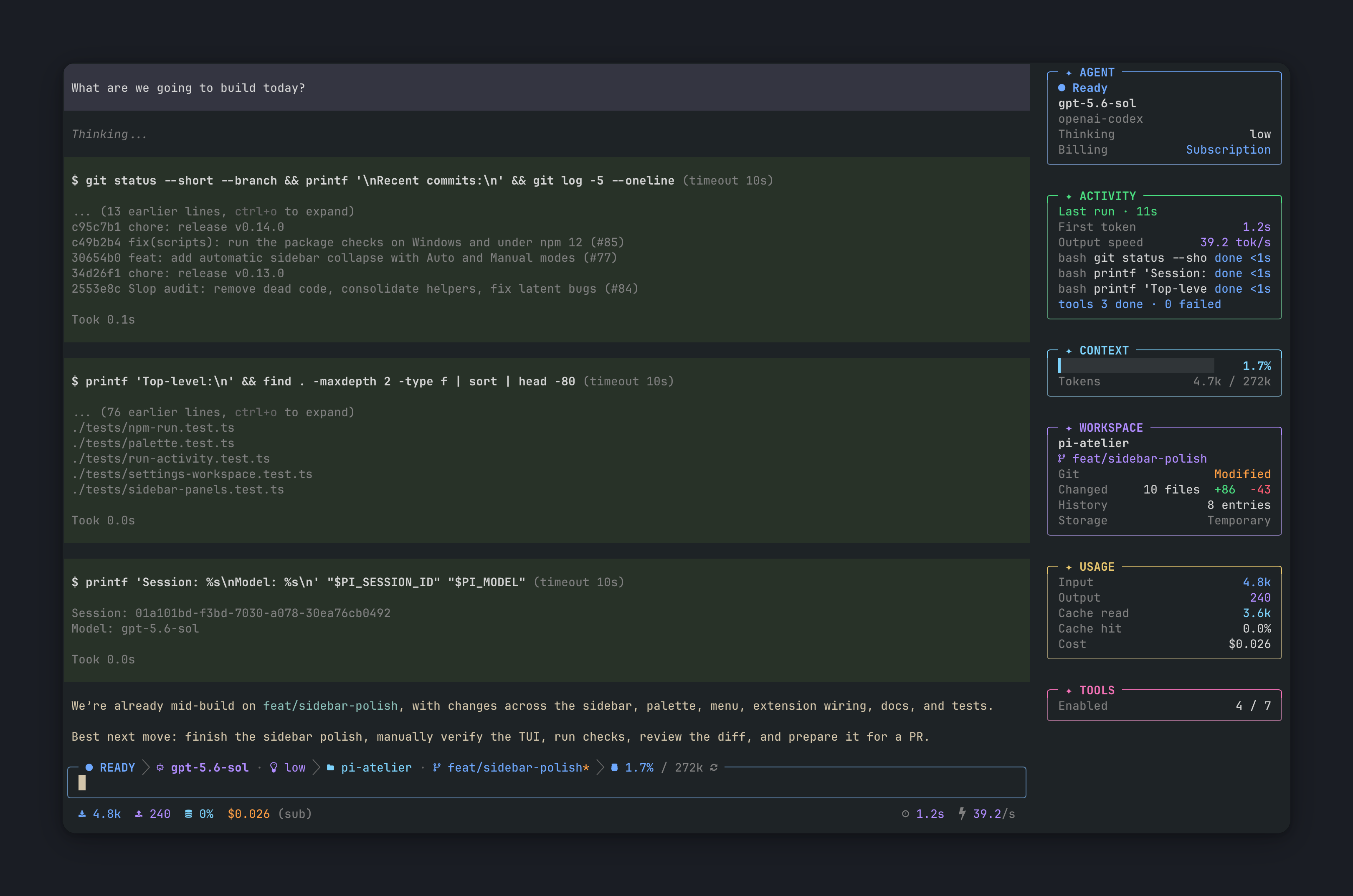 Pi Atelier status rail and activity sidebar demo