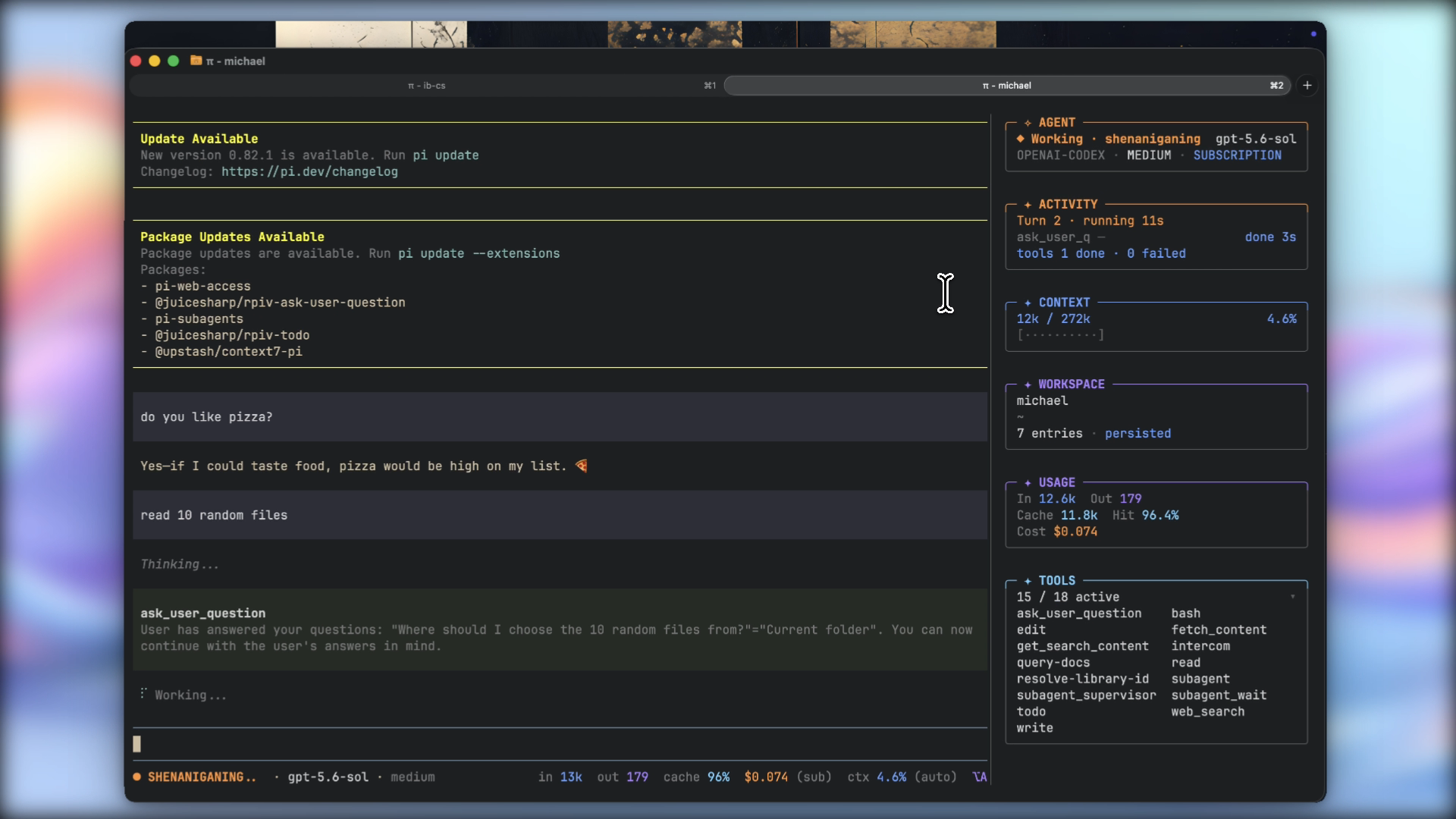 Pi Atelier demo showing the full live activity sidebar and status rail footer