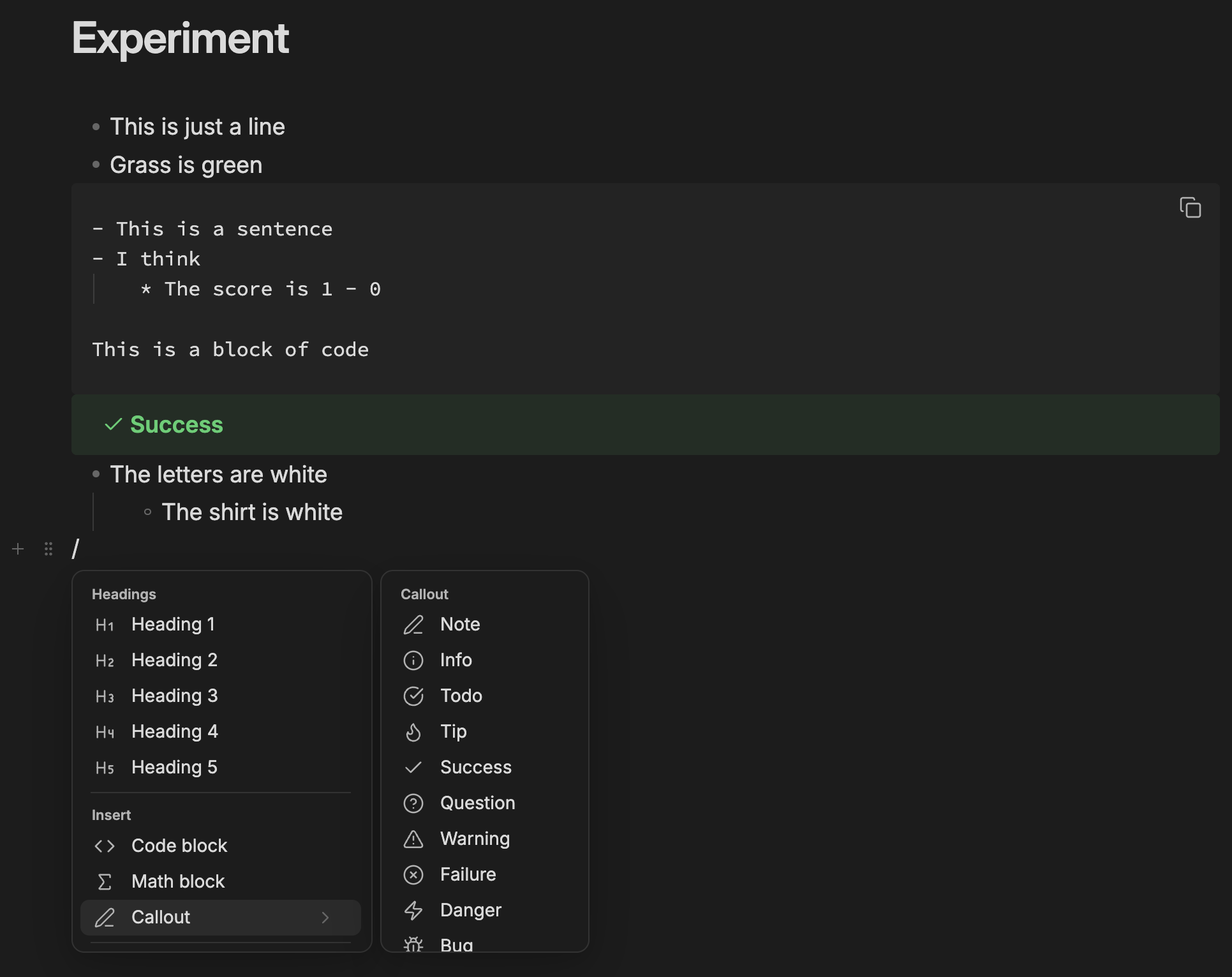 The insert menu, opened by typing a slash
