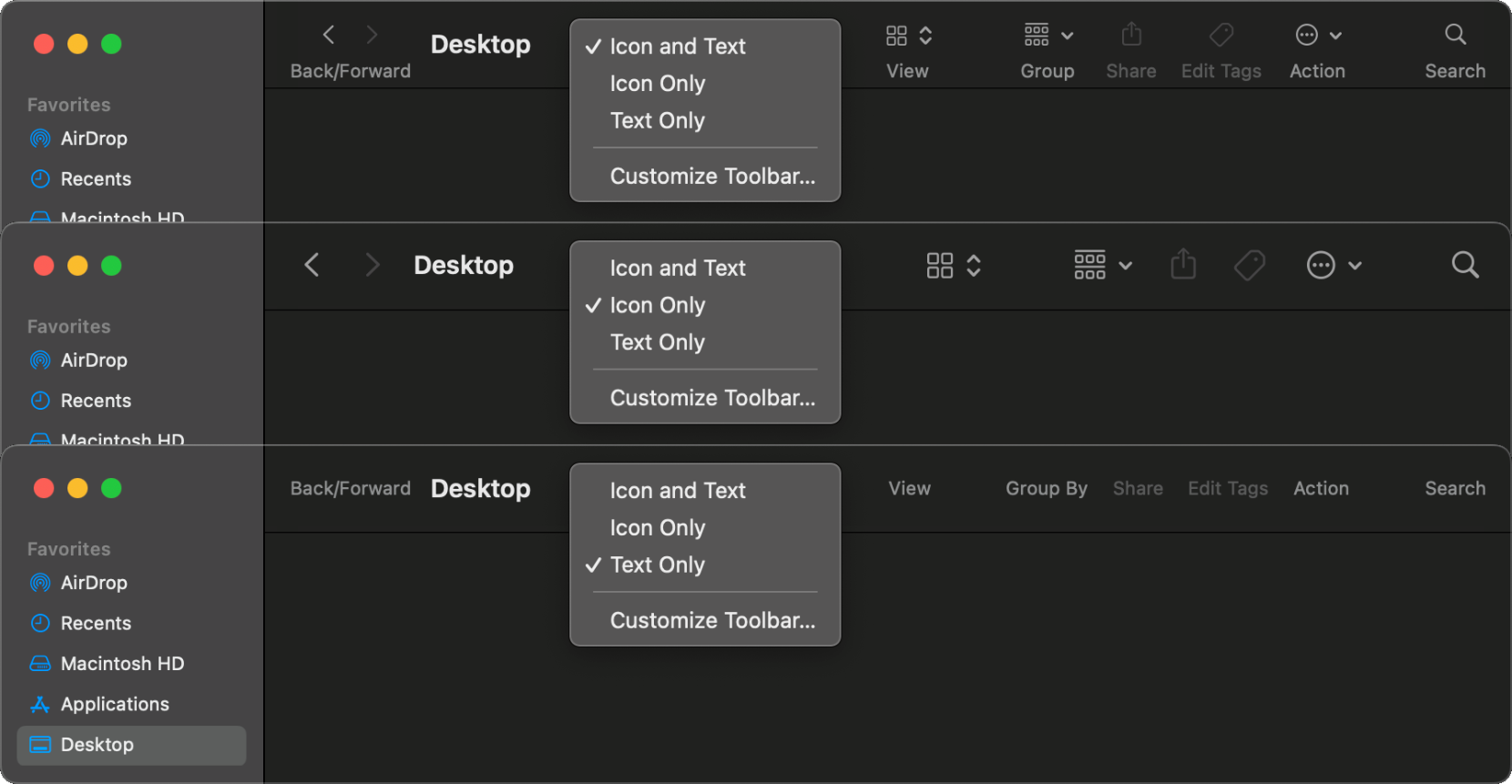 macOS Finder with it’s header right-click menu visible