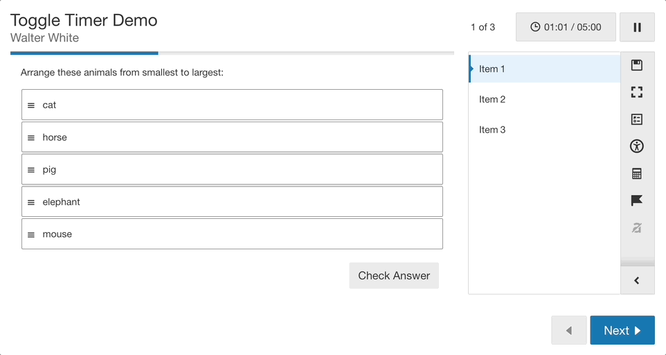 Animated gif showing the toggle timer feature