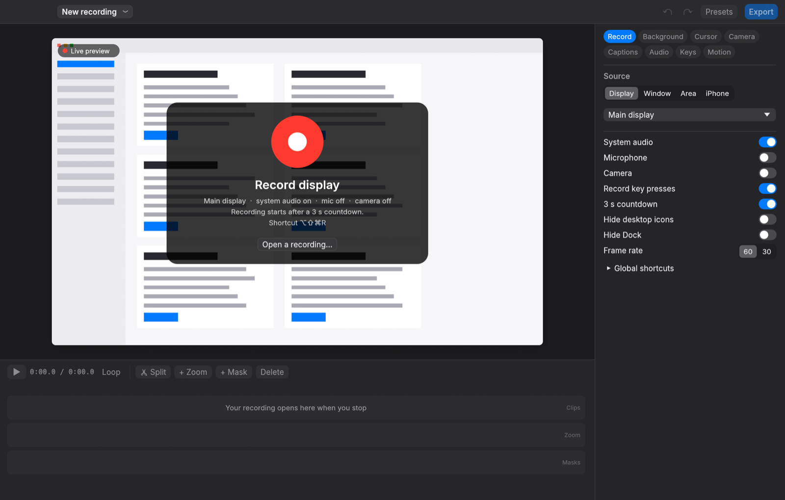 Recording setup with a live preview