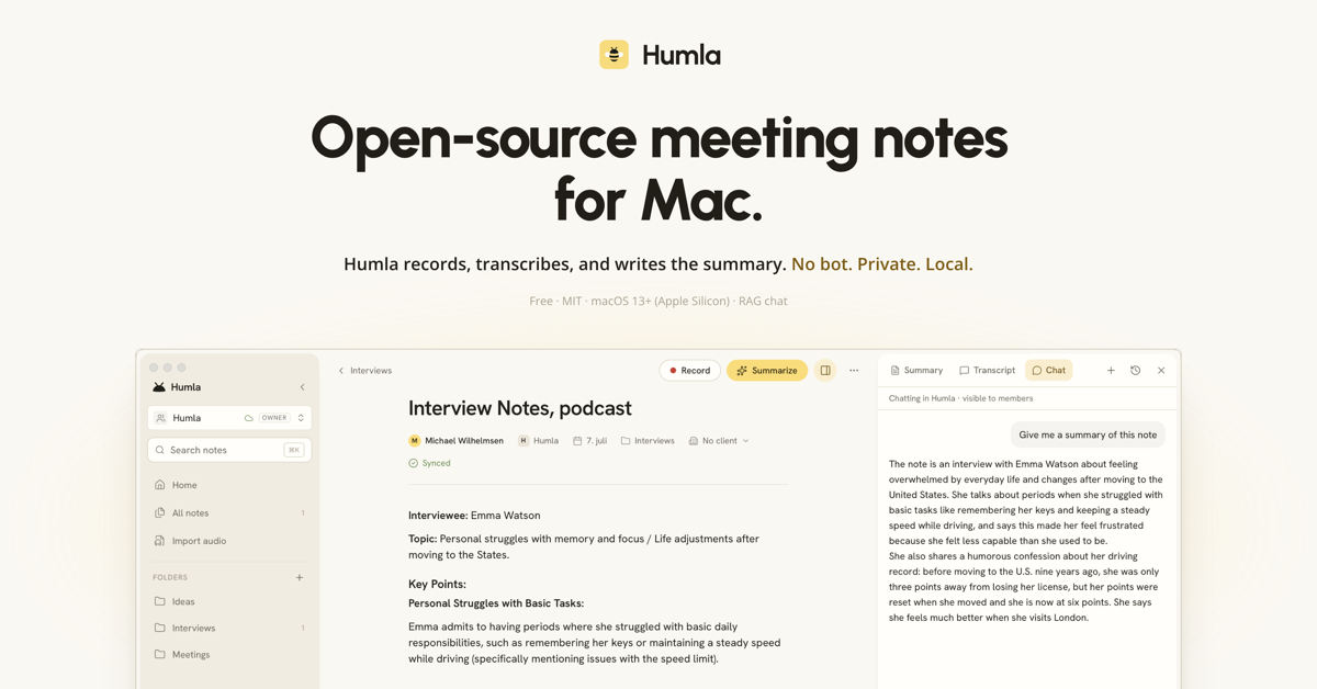 Humla — open-source meeting notes for Mac. No bot. Private. Local.