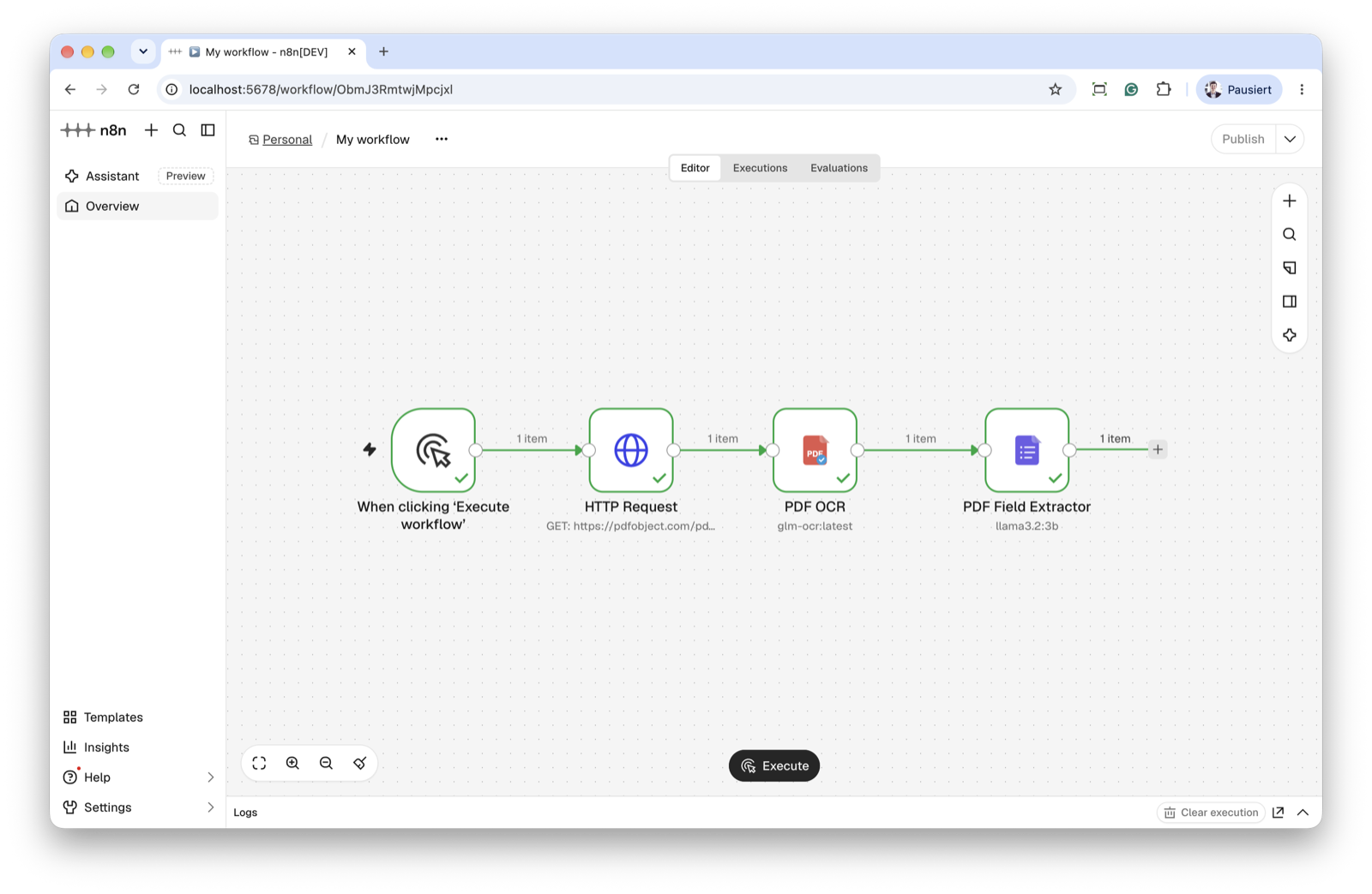 The example workflow on the canvas