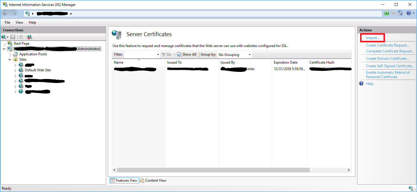 Select Server Certificates Import