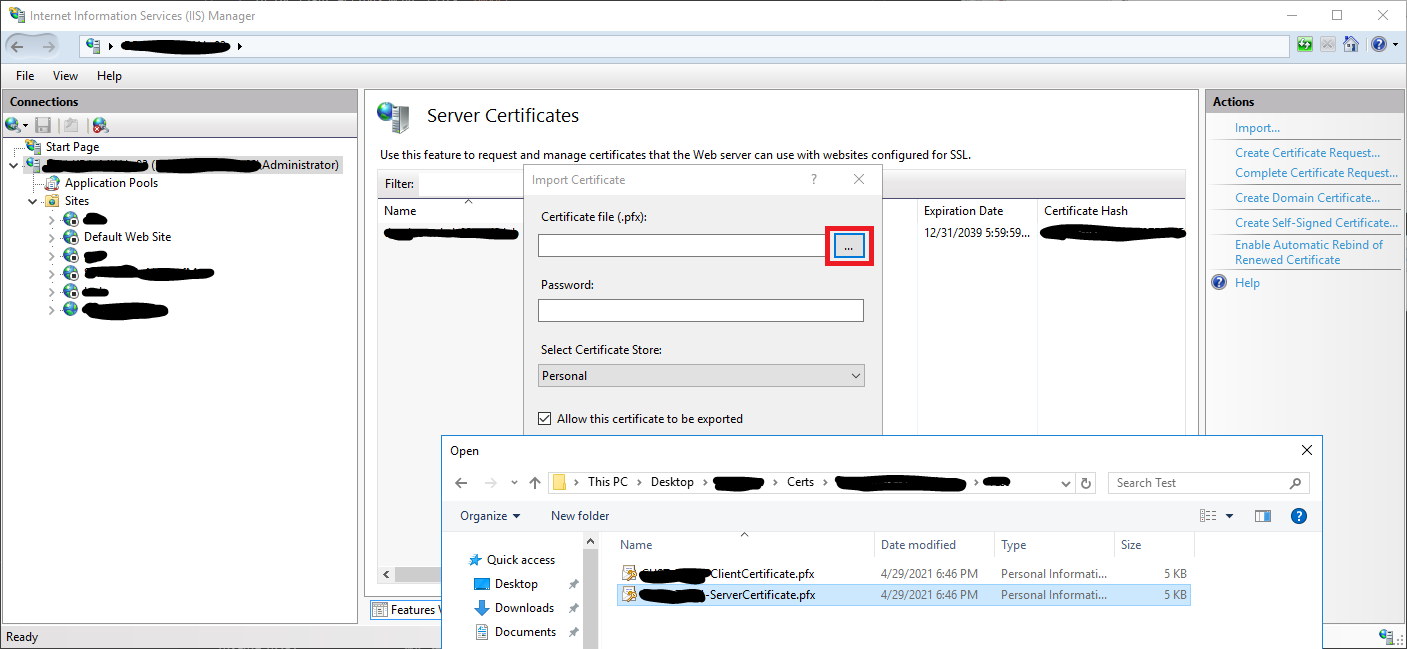 Select Server Certificates Import Select