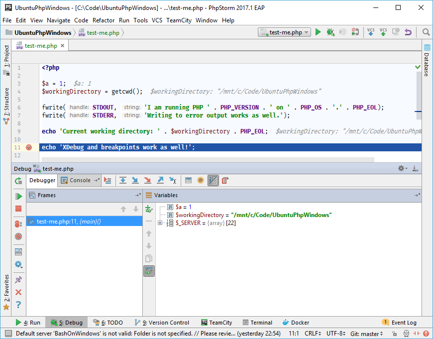 PhpStorm with debugging session running through PHP on Ubuntu on Windows