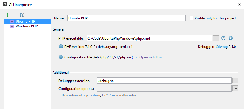 PhpStorm settings with path to php.cmd set