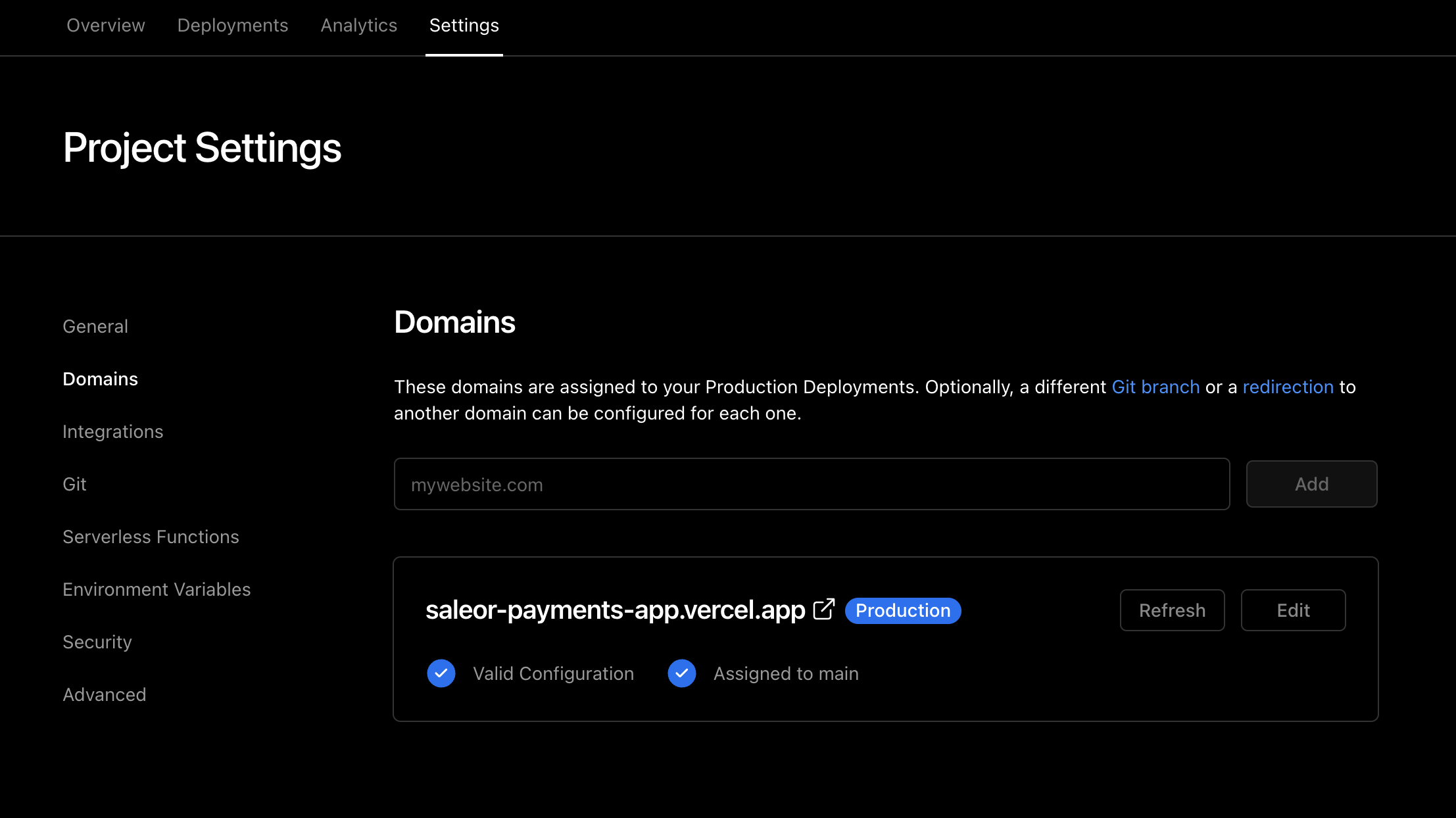 Vercel dashboard settings page that shows which domain is connected to production deployment