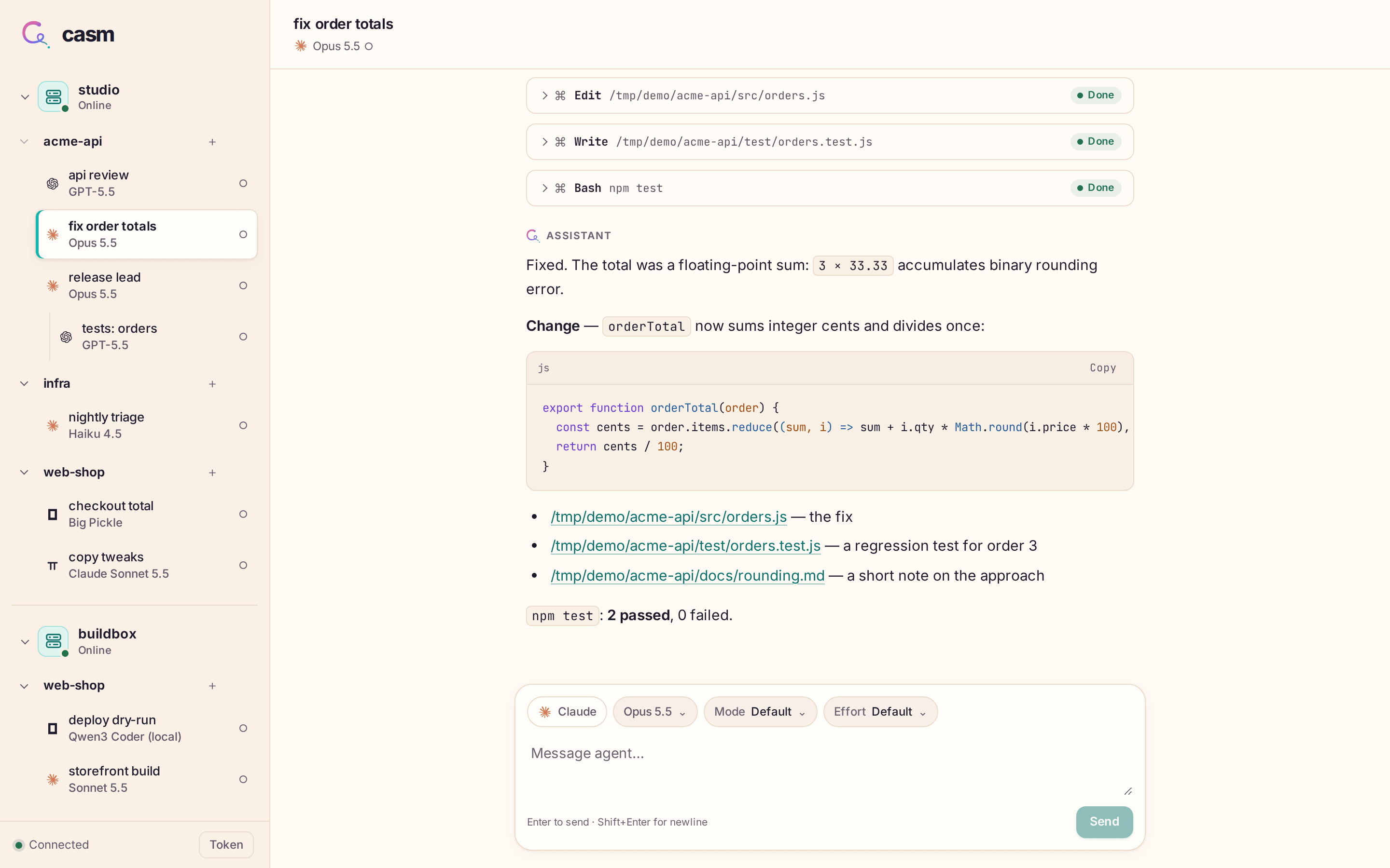 The casm web client: hosts, projects and agents in the sidebar, an agent's transcript and the composer